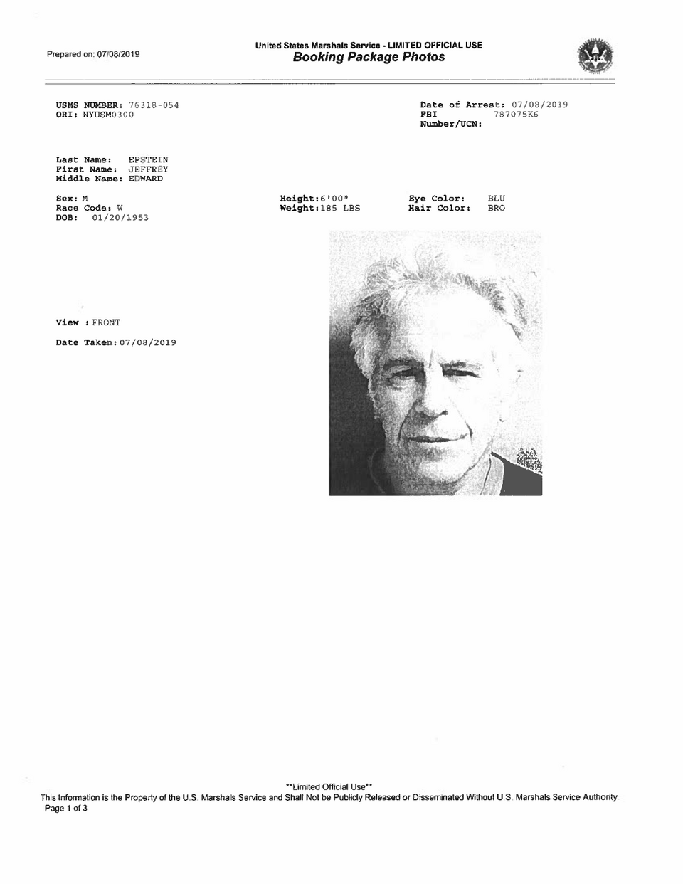 Jeffrey Epstein 2019 federal booking photo